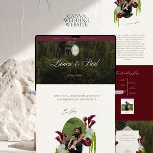 Peut inclure: Un design de site web de mariage Canva avec une palette de couleurs bordeaux et verte. Le site web comprend les noms "Lauren & Paul" et la phrase "Our New Chapter". Le design intègre des éléments floraux et une photo d'un couple.