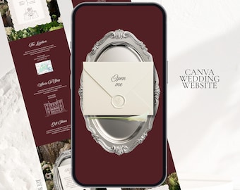 May include: A smartphone displaying a digital wedding website template with a deep red background, featuring a centered silver ornate oval frame, a cream-colored envelope with the text Open me, a wax seal, and a single white calla lily flower.