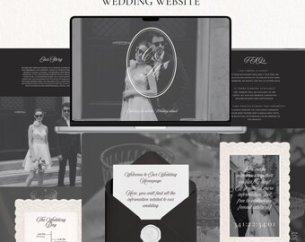 Peut inclure: Une maquette de site web de mariage en noir et blanc avec le texte "CANVA WEDDING WEBSITE". La conception comprend un ordinateur portable affichant une photo de mariage, une enveloppe avec un sceau de cire et une photo encadrée.