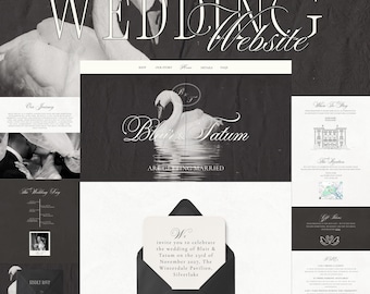 Schwarzweiße Hochzeitswebsite, von klassischen Schwanen inspirierte Canva-Vorlage, elegante romantische Antwortweg-Website