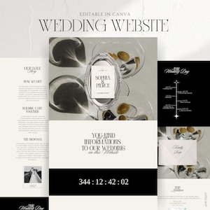Bold Modern Wedding Website Template, Martini Summer Old Money Newspaper Theme, Aesthetic Luxurious Canva Wedding Site, RSVP & Countdown
