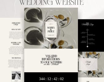Bold Modern Wedding Website Template, Martini Summer Old Money Newspaper Theme, Aesthetic Luxurious Canva Wedding Site, RSVP & Countdown