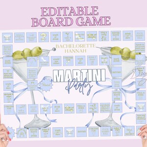 Editable Bachelorette Board Game, Martini Bow Glass Boardgame Fun Bridal Drinking Games Martini Party Theme Digital Download Girls night out
