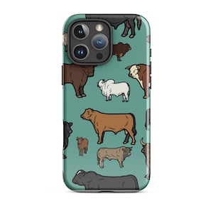 May include: A teal phone case featuring a repeating pattern of cartoon bulls in various colors, including brown, black, and white. The bulls are in different poses, creating a playful and unique design. The case has a glossy finish and a camera cutout.