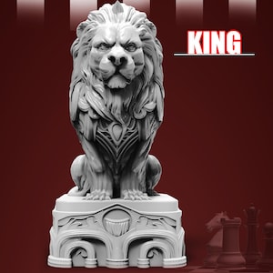 May include: A detailed, white lion chess piece, labeled "KING" in red text. The lion is seated on a decorative base, showcasing intricate carvings and a regal design. The piece is a striking representation of the king in a chess set.