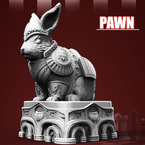 May include: A detailed, gray chess piece in the shape of a rabbit wearing armor, labeled "PAWN". The rabbit is seated on a decorative base with ornate carvings. The piece is designed with intricate details, suggesting a fantasy or historical theme.