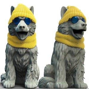 May include: Two gray stone dog sculptures wearing yellow knit hats and blue sunglasses. The dogs are sitting with their tongues sticking out.