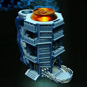 May include: A blue and gold fantasy-themed can holder. The holder is designed to look like a multi-storey building with balconies and architectural details. A gold can sits on top, with blue smoke-like effects around it.