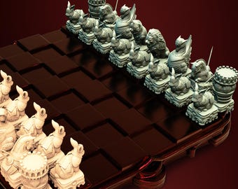 May include: A detailed image of a chess set with ornate pieces. The chessboard is dark brown with a polished surface. The chess pieces are light grey, with animal and architectural designs. The set is set against a deep red backdrop.