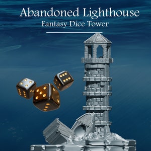 May include: A black and silver 3D printed lighthouse dice tower with the words "Abandoned Lighthouse" and "Fantasy Dice Tower" on the top. Three black dice with gold numbers are in the air.