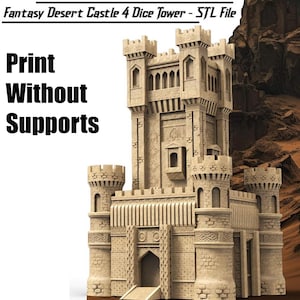 Könnte beinhalten: Ein beigefarbener, 3D-gedruckter Fantasy-Wüstenburg-Würfeltower. Der Turm hat einen hohen zentralen Turm mit einem kleineren Turm auf jeder Seite. Der Turm hat ein spitzes Dach und ein kleines Fenster auf jeder Seite. Der Turm ist in beige Farbe gedruckt und hat eine strukturierte Oberfläche. Der Text "Print Without Supports" ist auf das Bild gedruckt.