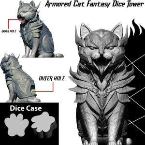 Puede incluir: Una figura de gato de impresión 3D gris, con armadura, casco y una boca grande abierta. El gato está sentado sobre sus cuartos traseros, con la cola enroscada alrededor de sus patas. La figura está diseñada para ser una torre de dados, con dos agujeros en la parte posterior para que los dados rueden. El texto "Armored Cat Fantasy Dice Tower" está impreso en la parte superior de la imagen.