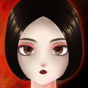 May include: A digital illustration of a woman's face with dark hair and striking makeup. The woman has large brown eyes, pink eyeshadow, and dark red lipstick. The background transitions from red to black.