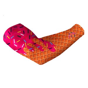May include: A sleeve with a waffle cone design and pink ice cream dripping down. The ice cream has colorful sprinkles. A logo is on the waffle cone. The sleeve is designed to cover the arm.