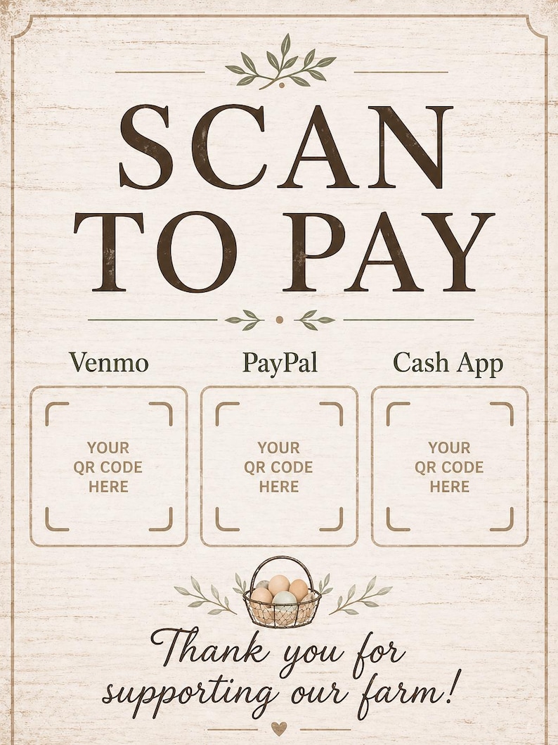 Scan to Pay sign for egg stand with placeholders for Venmo, PayPal, and Cash App QR codes. Rustic farmhouse style thank you message for customers supporting the farm.