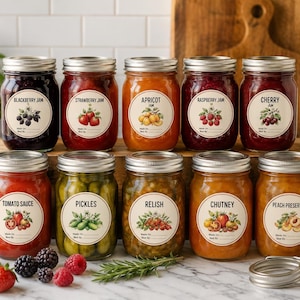 Pode incluir: Dez frascos de vidro com tampas prateadas em duas filas, cada um com um rótulo circular com ilustração botânica e texto que identifica o conteúdo: Blackberry Jam, Strawberry Jam, Apricot Jam, Raspberry Jam, Cherry Jam, Tomato Sauce, Pickles, Relish, Chutney e Peach Preserves.