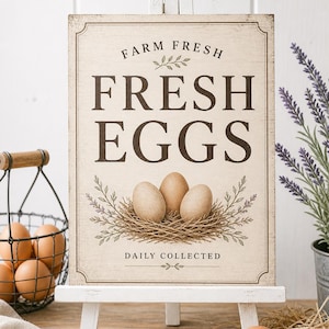 Vintage botanical egg stand signs bundle with Fresh Eggs welcome sign on white easel, cream background with realistic egg nest illustration, editable Canva templates for backyard chicken owners, professional farmhouse signage