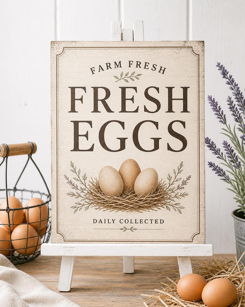Vintage botanical egg stand signs bundle with Fresh Eggs welcome sign on white easel, cream background with realistic egg nest illustration, editable Canva templates for backyard chicken owners, professional farmhouse signage