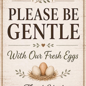 "Please Be Gentle With Our Fresh Eggs" rustic farmhouse sign with three eggs in a nest. Vintage style egg stand sign with decorative border and thank you message.