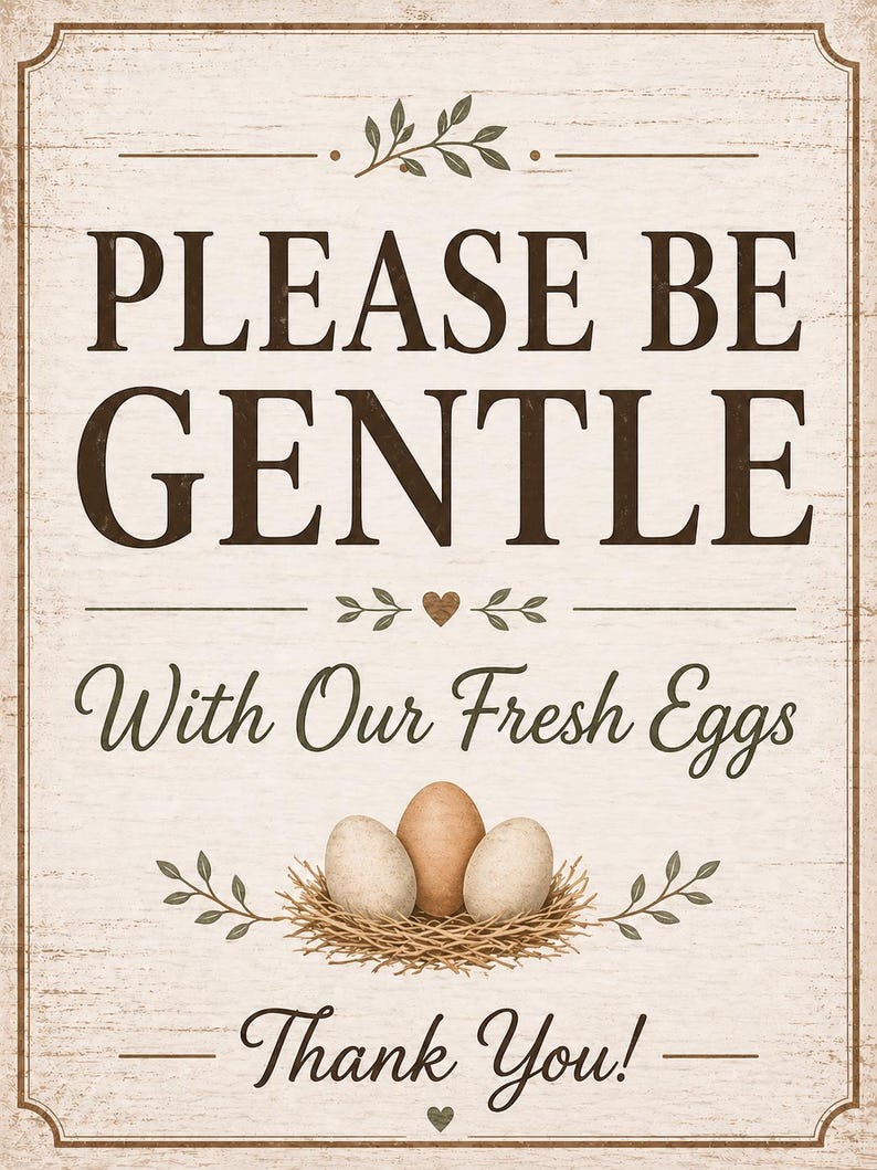 "Please Be Gentle With Our Fresh Eggs" rustic farmhouse sign with three eggs in a nest. Vintage style egg stand sign with decorative border and thank you message.