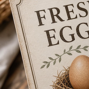Close-up detail of vintage Fresh Eggs sign showing elegant serif typography, realistic brown egg in nest illustration, cream textured background with botanical accents, high-quality printable design for farm egg stands and backyard chicken sales