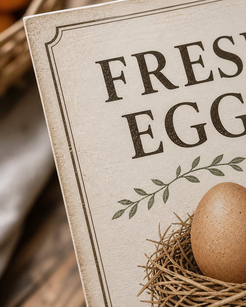 Close-up detail of vintage Fresh Eggs sign showing elegant serif typography, realistic brown egg in nest illustration, cream textured background with botanical accents, high-quality printable design for farm egg stands and backyard chicken sales