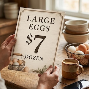 Hands holding printed egg stand sign next to coffee mug for size comparison, 8.5x11 inch printable sign on cream cardstock, vintage Fresh Eggs design with nest illustration, shows actual print quality for home or professional printing