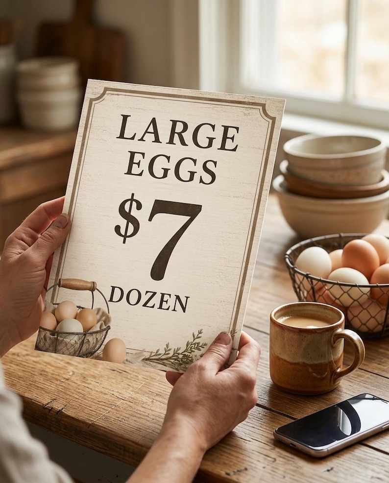 Hands holding printed egg stand sign next to coffee mug for size comparison, 8.5x11 inch printable sign on cream cardstock, vintage Fresh Eggs design with nest illustration, shows actual print quality for home or professional printing