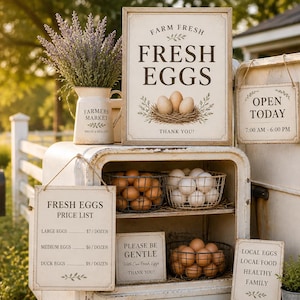 May include: A rustic display featuring a sign that reads "Farm Fresh Fresh Eggs" with a nest of eggs. Baskets of brown and white eggs are displayed inside a vintage cabinet. Additional signs include "Open Today" and a price list.