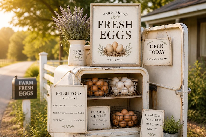 Rustic farm egg stand with vintage cream signs displaying Fresh Eggs price list and Open Today hours, wire baskets filled with brown eggs, roadside stand setup, morning sunlight, homestead business signage for self-serve egg sales