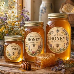 Op de afbeelding: Drie glazen potten honing met gouden deksels, met het opschrift "Farm Fresh Honey" en "Raw Local Honey". Een honingraat en een honingdipper liggen op een houten plank. De etiketten tonen een bij en een bloemenontwerp. De honing is amberkleurig.