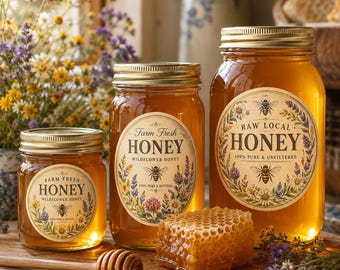 Honey Jar Labels Printable PDF Editable Canva | Wildflower Clover Lavender Raw Honey Stickers | Vintage Botanical Beekeeping Digital