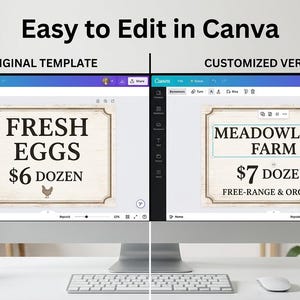 Canva template editor showing egg stand sign customization, before and after comparison with editable farm name and prices, easy-to-edit digital templates for backyard chicken owners, instant download Canva templates for fresh egg sales signage