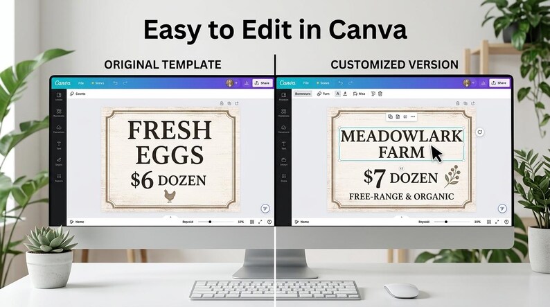 Canva template editor showing egg stand sign customization, before and after comparison with editable farm name and prices, easy-to-edit digital templates for backyard chicken owners, instant download Canva templates for fresh egg sales signage