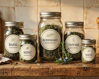 Etiquetas imprimibles redondas para frascos de hierbas / 10 diseños editables en Canva / Albahaca, romero, tomillo, menta, salvia, eneldo, orégano. Etiquetas de cocina.
