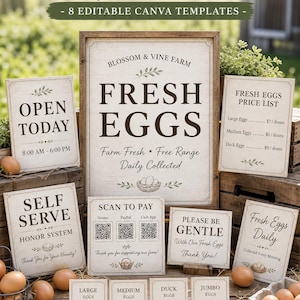 Egg Stand Signs Bundle mockup showing 8 editable Canva templates for fresh egg sellers. Includes welcome sign, open today, price list, scan to pay, self serve, and please be gentle signs displayed on a rustic wooden farm stand with fresh eggs.