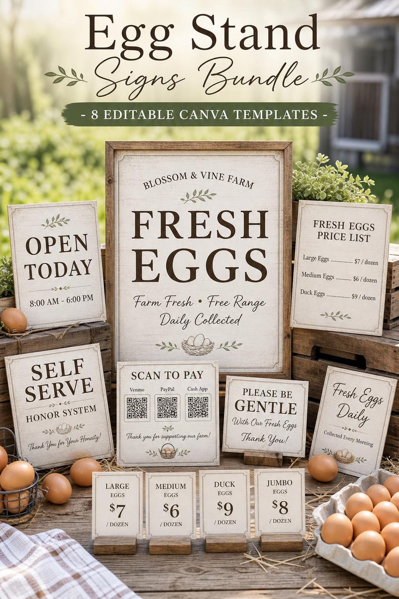 Egg Stand Signs Bundle mockup showing 8 editable Canva templates for fresh egg sellers. Includes welcome sign, open today, price list, scan to pay, self serve, and please be gentle signs displayed on a rustic wooden farm stand with fresh eggs.