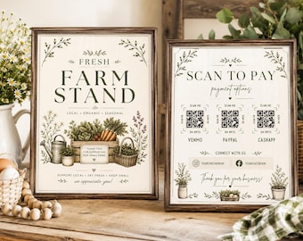 Paquete de letreros para puestos de venta de productos agrícolas, editables en Canva / Lista de precios, Sistema de pago por confianza mediante escaneo, Plantilla de letrero Venmo, Descarga digital, Impresión y decoración