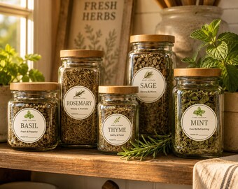 Etiquetas imprimibles para frascos de hierbas y especias - 14 pegatinas redondas / Editables en Canva / Organización de la despensa de la cocina