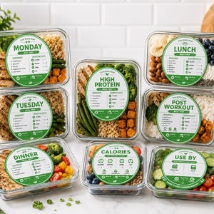 Puede incluir: Ocho recipientes rectangulares de vidrio para preparar comidas con tapas transparentes, cada uno con una etiqueta redonda verde y blanca. Las etiquetas muestran textos como MONDAY, LUNCH, TUESDAY, POST WORKOUT, DINNER, HIGH PROTEIN, CALORIES y USE BY, junto con iconos de alimentos.