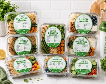 Etiquetas imprimibles para recipientes de preparación de comidas / 15 etiquetas para fitness / Seguimiento de macronutrientes / Alto contenido en proteínas / Editables en Canva / Descarga instantánea