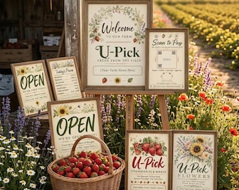 U-Pick Farm Signs Bundle | Botanical Watercolor Farmhouse (PDF Download)