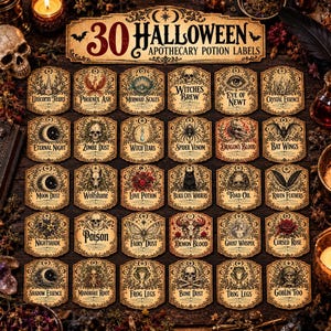 Puede incluir: Una colección de 30 etiquetas rectangulares para pociones de boticario de Halloween con bordes ornamentados e ilustraciones vintage. Cada etiqueta presenta textos únicos como Unicorn Tears, Phoenix Ash, Witches Brew y Dragon's Blood en tinta negra.