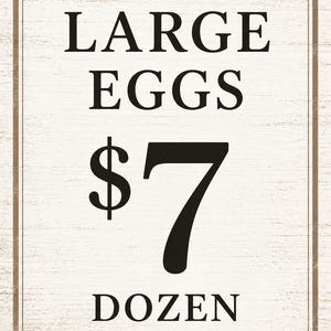 Large Eggs $7 per dozen rustic farmhouse price tag sign. Clean editable egg price sign with distressed wood texture background for farm stand or farmers market.