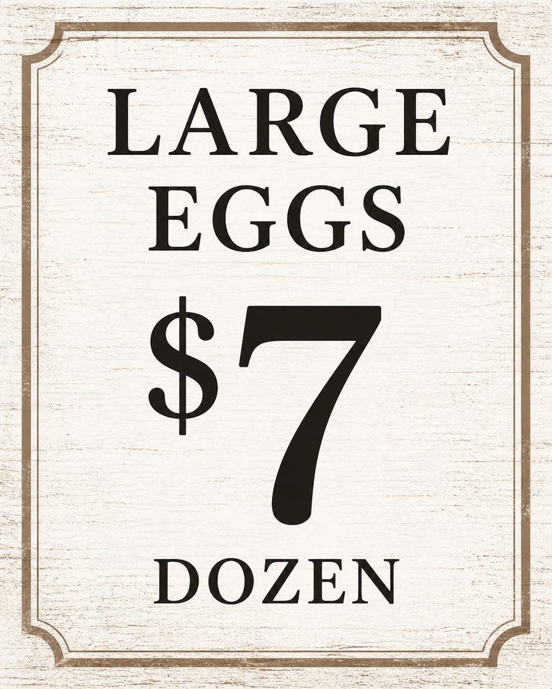 Large Eggs $7 per dozen rustic farmhouse price tag sign. Clean editable egg price sign with distressed wood texture background for farm stand or farmers market.