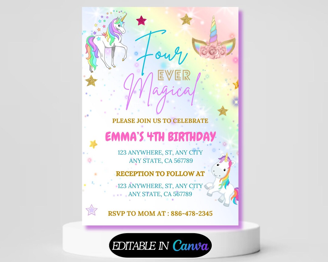 Editable Unicorn 4th Birthday Invitation Four Ever Magical Party Invite ...