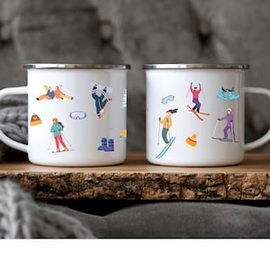 Skiing Mug - Girl Skiing Enamel Mug, Mountain Adventure Winter Sports Camp Cup, Female Ski & Snowboard Gift, Outdoor Camping Gear, Snow Fun