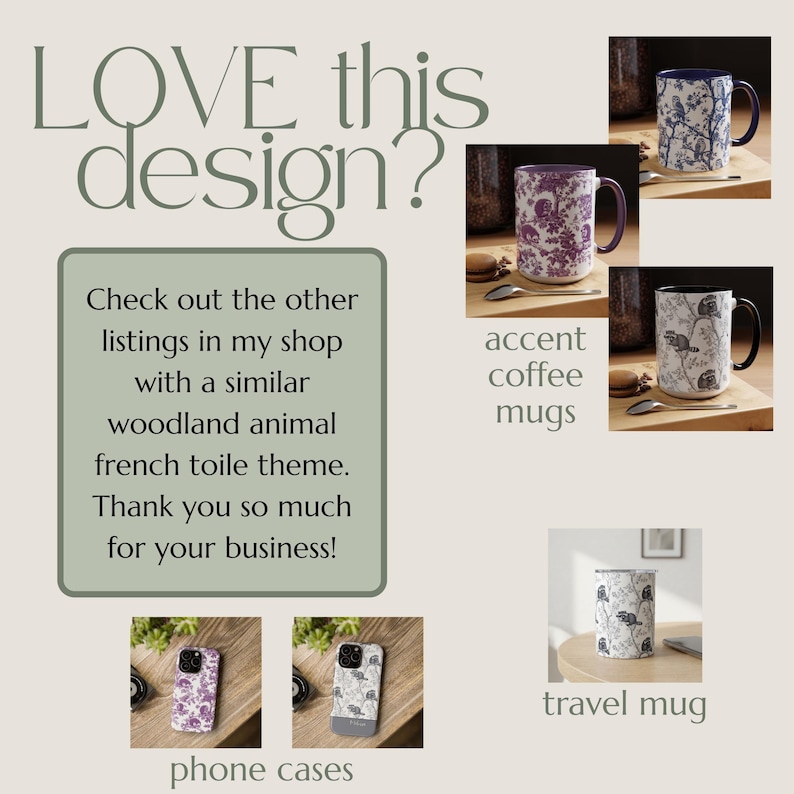 May include: Three ceramic coffee mugs with woodland animal toile patterns in blue, purple, and black. Two phone cases featuring matching purple and black toile designs. One white travel mug with a black woodland animal toile print. Text reads LOVE THIS design?