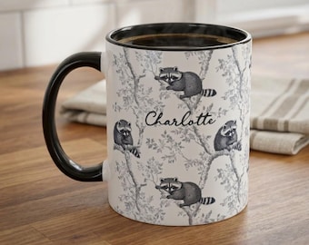 Raccoon French Toile Coffee Mug- Sarcastic Elegance Wildlife Ceramic Tea Cup, Feral Animal Lover Gift, Trashy Present Birthday Whimsy Gift