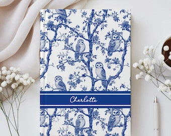Personalized Owl Journal Blue French Toile de Jouy Owl Gifts for Women Elegant Notebook for Her Custom Name Woodland Animals Owl Lover Gifts
